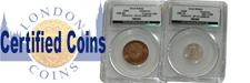 Certified Coins : Covers English Coins graded and encapsulated by third party grading companies including LCGS - UK, and the US companies such as PCGS and NGC.