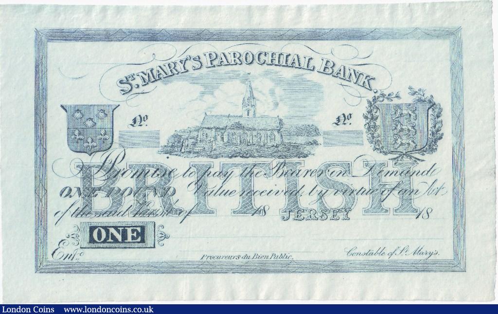 Jersey St Mary's Parochial Bank £1 unsigned remainder (1850's), Pick s326, blue paper, almost UNC : World Banknotes : Auction 126 : Lot 322