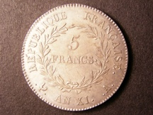 London Coins : A126 : Lot 473 : France 5 Francs AN XI mm A BONAPARTE PREMIER CONSUL choice UNC with a grey tone over original brilli...