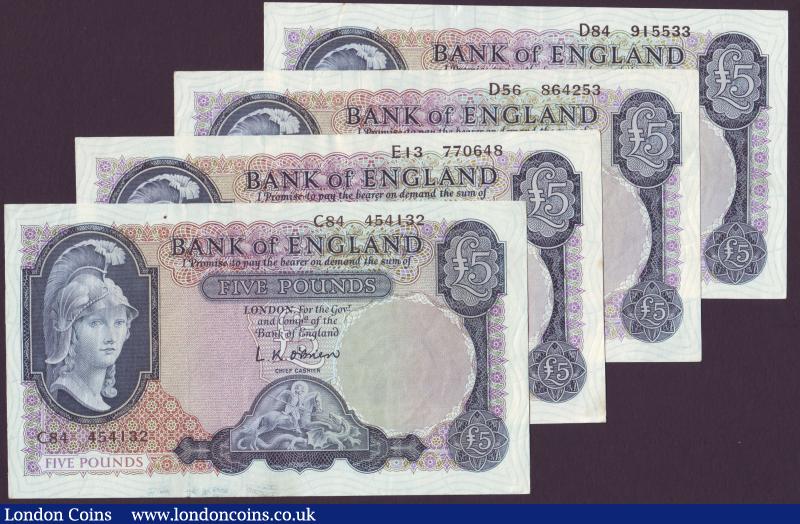 Five pounds O'Brien B277 (4) Helmeted Britannia prefixes Dxx,Exx mostly EF : English Banknotes : Auction 137 : Lot 207