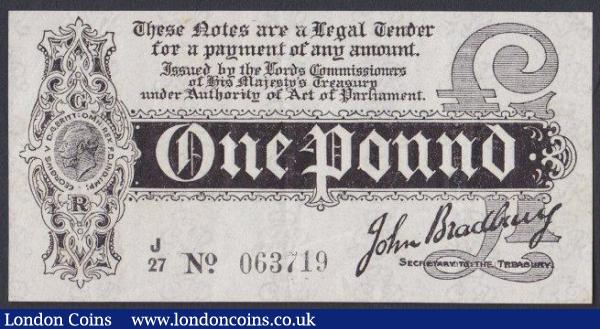 One pound Bradbury T3.3 issued 1914, series J/27 063719, lightly trimmed, GVF : English Banknotes : Auction 142 : Lot 5