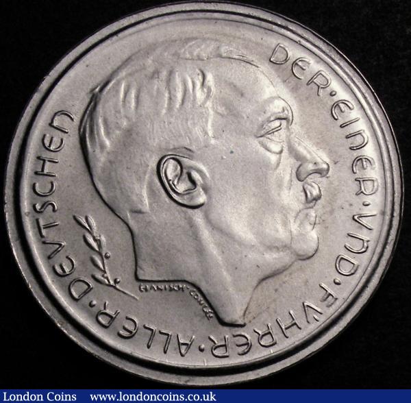 Germany - Adolf Hitler 1938 Obverse Portrait facing right, Reverse Orb and Cross with 13.3.1938 and 29.9.1938 either side, 39mm in base metal weighing 21.75 grammes, plain edged, UNC, by Adams of Leeds and believed unique  : Medals : Auction 146 : Lot 1862