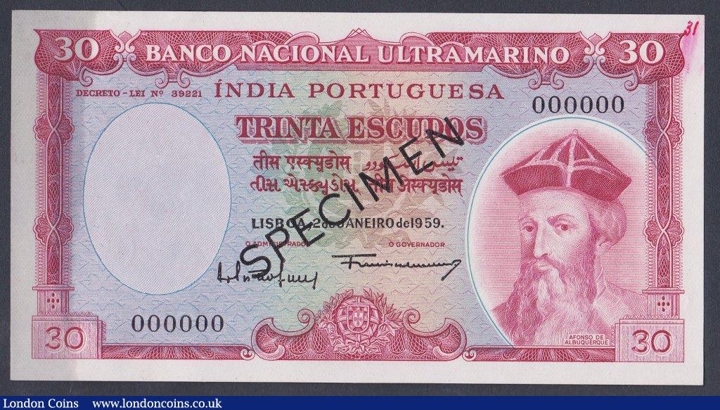 Specimen Sessenta (Sixty) Escudos Banknote of Banco Nacional Ultramarino of  Portuguese India (Goa) of 1959.