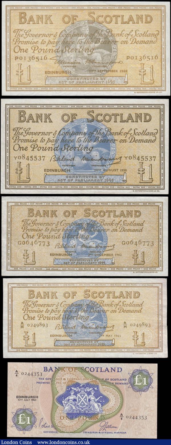 Scotland 1 Pounds Bank of Scotland (5) comprising Calloway & Murphy BA 98b ( Pick 96b ) 17th September 1952 series P 0136516, BA 99c ( Pick 100c ) 28th August 1958 series Y 0845537, BA 100a ( Pick 102a ) 3rd December 1962 series G 0646773 printers name ends LD,  BA 100d ( Pick 102b ) 7th May 1965 series A/M 0249893 printers name ends LTD and BA 111a 17th July 1963 series Y 0845537. All high grades GEF - about UNC  : World Banknotes : Auction 165 : Lot 1020