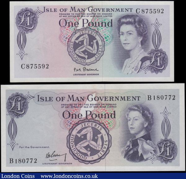 Isle of Man Government 1 Pounds (2) including Pick 25a (Banknote Yearbook IM31a, IOMPM M501) signature R.H. Garvey serial number B180772 GVF and Pick 29a (Banknote Yearbook IM32a, IOMPM M509) signature P.G.H. Stallard serial number C875592 about UNC - UNC. Both with signature titles Lieutenant Governor. Purple on multicolour with triskele and young and mature portrait of Queen Elizabeth II on obverse and Tynwald Hill on reverse : World Banknotes : Auction 165 : Lot 645