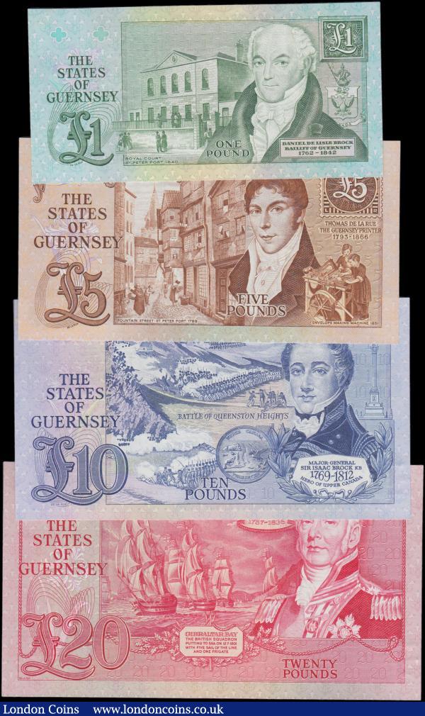 Guernsey States Treasurer of The States 1980 very First issue W.C. Bull signature with matching Exceptionally LOW serial numbers denomination set (4) comprising 1 Pound Pick 48a (BY GU35a), 5 Pounds Pick 49a (BY GU43), 10 Pounds Pick 50a (BY GU52a) and 20 Pounds Pick 51a (BY GU61a) all with the LOW serial number A000017. All about UNC - UNC and Exceptionally scarce and seldom offered with these LOW collectible numbers : World Banknotes : Auction 166 : Lot 263