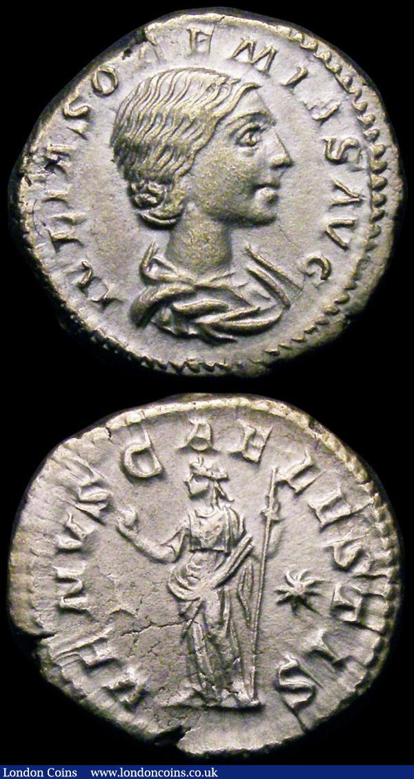 Roman Denarii (2) Plautilla (198-211AD) Obverse: Bust right, draped PLAVTILLAE AVGVSTA, Reverse: Plautilla and Caracalla clasping hands. 3.42 grammes, RSC 10, RIC 361, NVF. Julia Soaemias, Obverse: Bust right, draped, IVLIA SOAEMIAS AVG, Reverse: Venus standing half left, holding apple and sceptre, star in right field, RSC 8 VF with some flan stress and edge cracks, scarce : Ancient Coins : Auction 167 : Lot 348