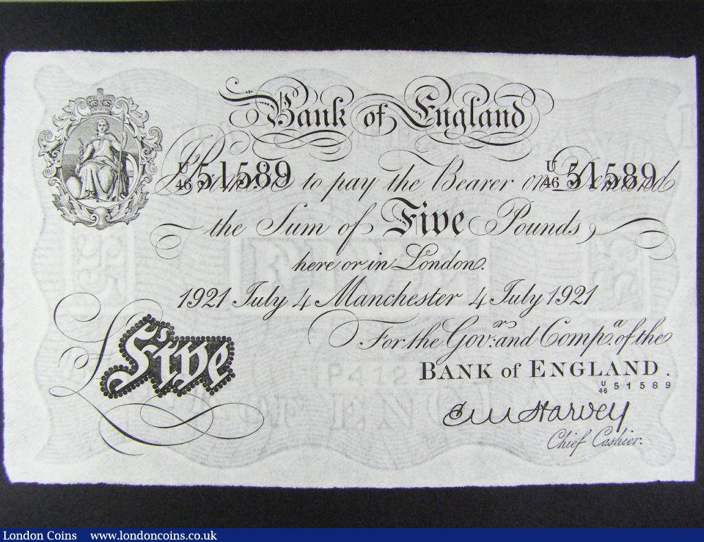 Five Pounds Harvey Manchester 4th July 1921aU and rare thus serial number U/46 51589 Duggleby B209a : English Banknotes : Auction 122 : Lot 147