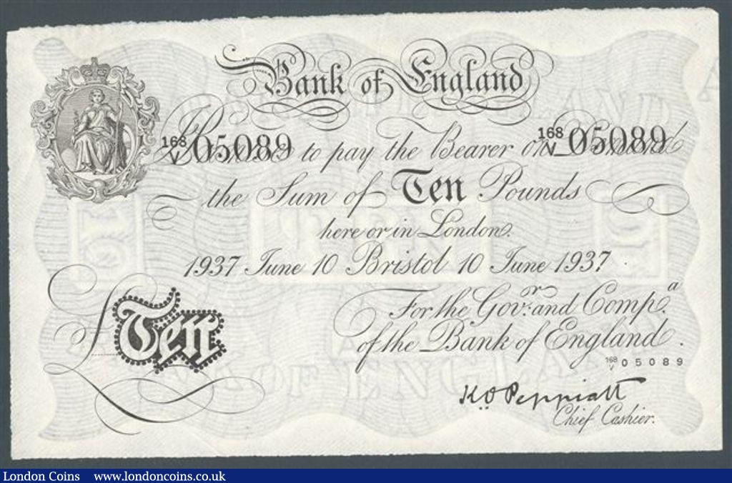 Ten pounds Peppiatt white German occupation WW2 dated 10 June 1937 serial 168/V 05089, scarce BRISTOL branch issue, seldom seen, usual pinholes, top edge looks uneven but is as issued, almost EF : English Banknotes : Auction 122 : Lot 224