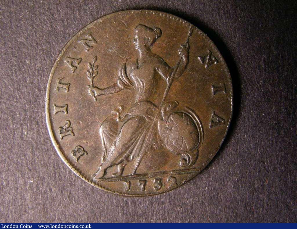 London Coins : A122 : Lot 1667 : Halfpenny 1732 2 over 1, with no stop on the reverse unlisted by Peck, Bold Fine, Ex-Nic...