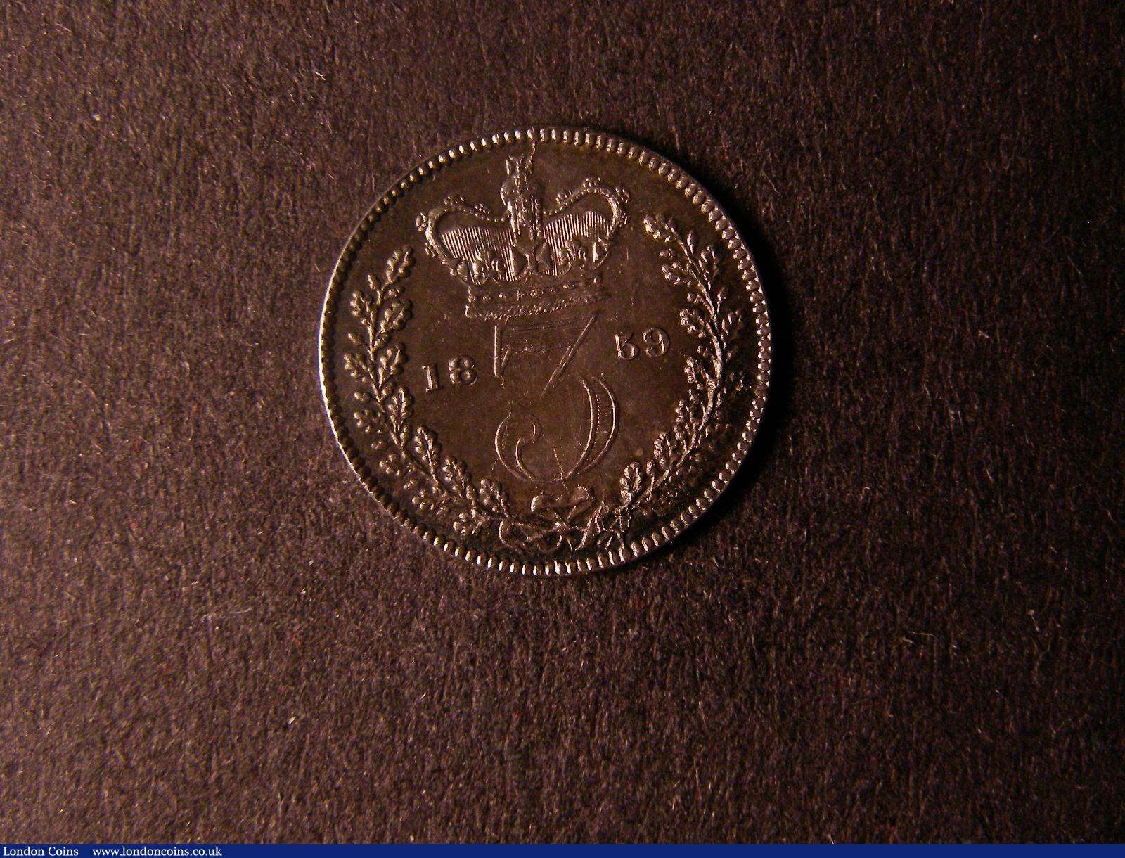 London Coins : A124 : Lot 1001 : Threepence 1859 ESC 2066 Toned GEF/AU the obverse weakly struck