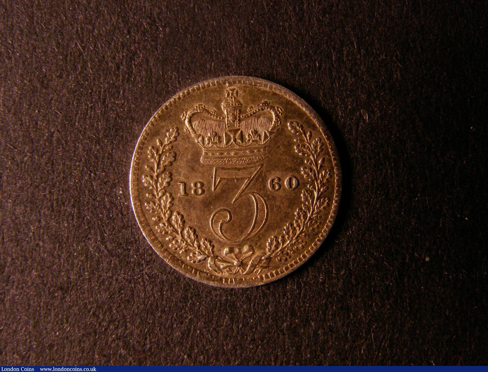 London Coins : A124 : Lot 1003 : Threepence 1860 ESC 2067 type A2 Ear covered by hair strands EF