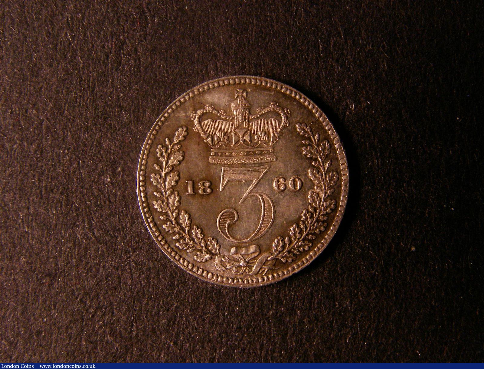 London Coins : A124 : Lot 1004 : Threepence 1860 ESC 2067A type A1 Ear fully visible UNC with attractive colourful tone