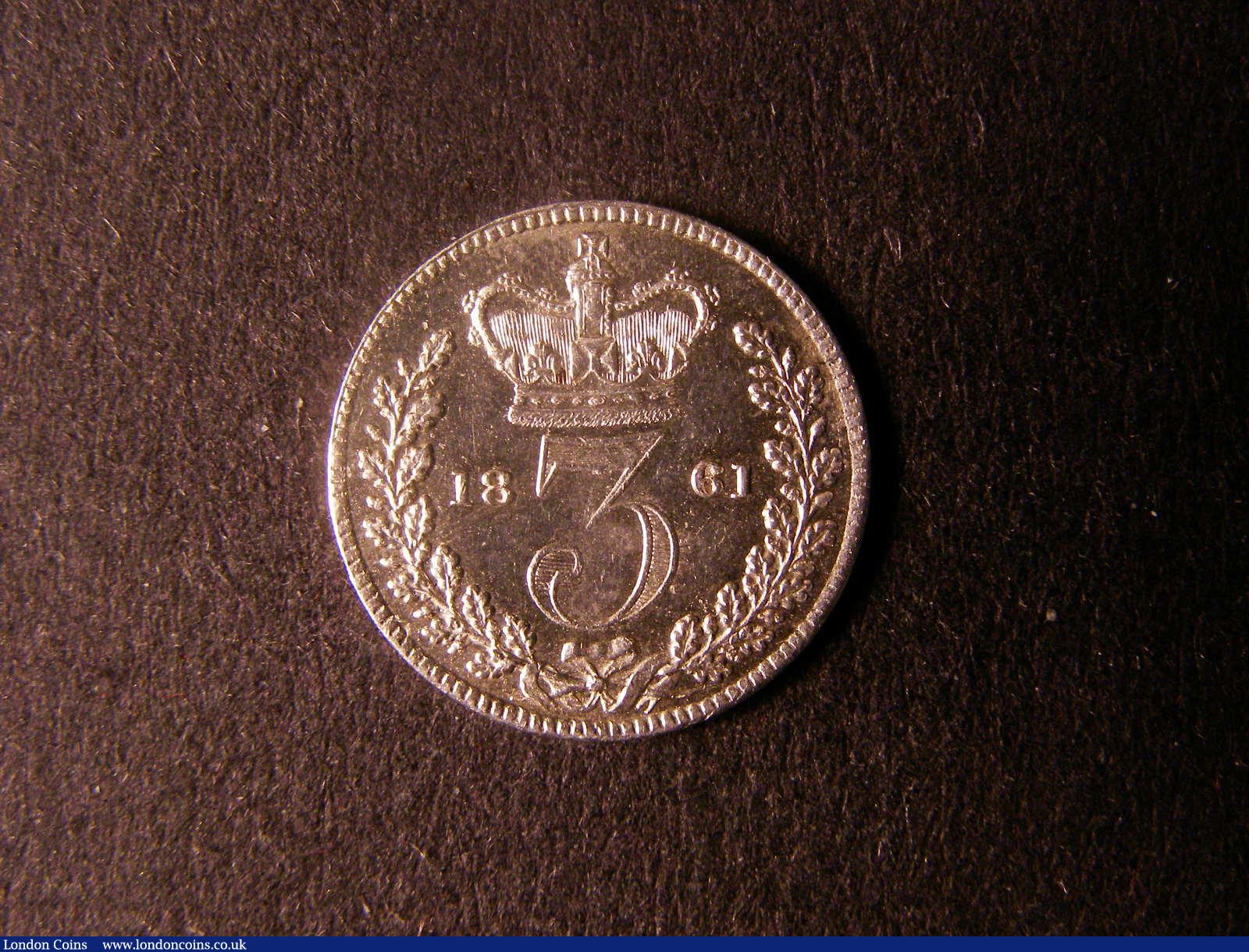 London Coins : A124 : Lot 1005 : Threepence 1861 ESC 2068 type A1 Ear fully visible Bright GEF with some hairlines