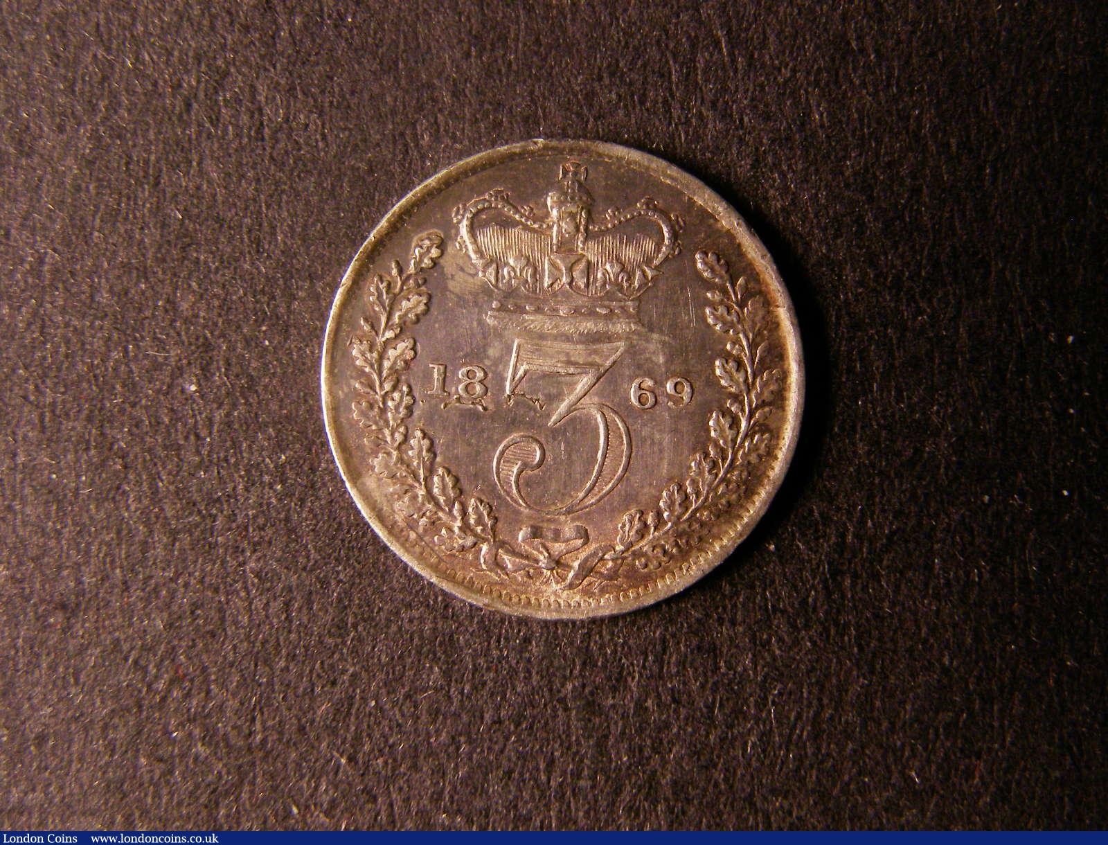 London Coins : A124 : Lot 1016 : Threepence 1869 ESC 2075C AU/GEF with colourful toning, Rare