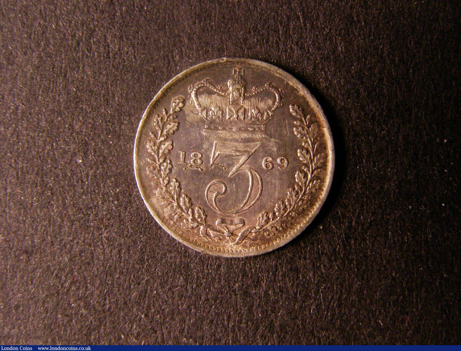 London Coins : A124 : Lot 1016 : Threepence 1869 ESC 2075C AU/GEF with colourful toning, Rare