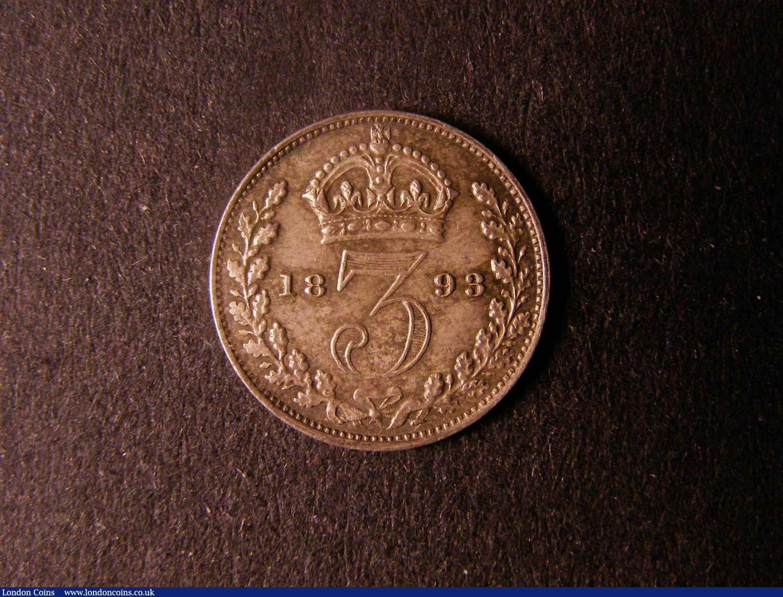 London Coins : A124 : Lot 1019 : Threepence 1893 Jubilee Head ESC 2103 UNC and nicely toned with some light cabinet friction on the r...