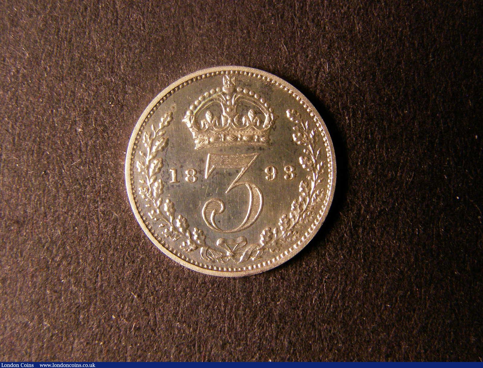 London Coins : A124 : Lot 1020 : Threepence 1893 Veiled Head Proof ESC 2105 practically FDC with a few tiny hairlines