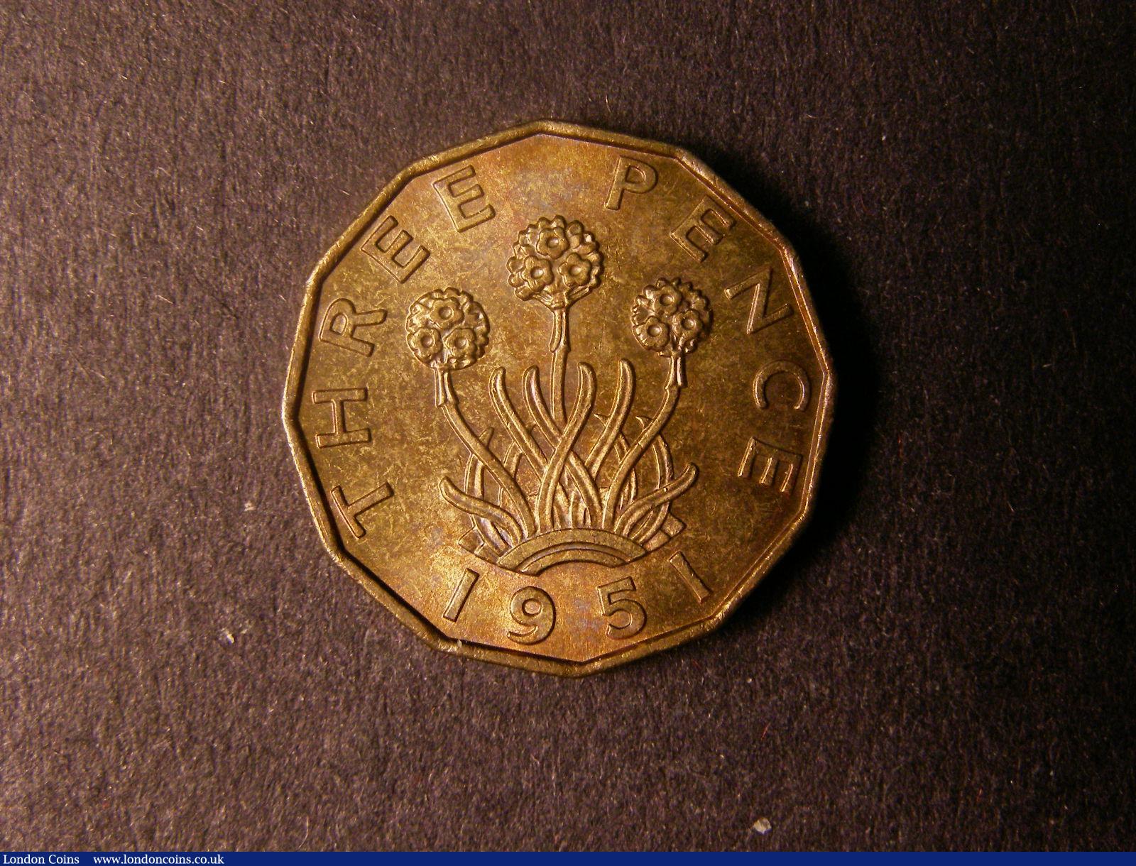 London Coins : A124 : Lot 182 : Brass Threepence 1951 Peck 2396 UNC with a colourful and attractive tone, rare in high grade