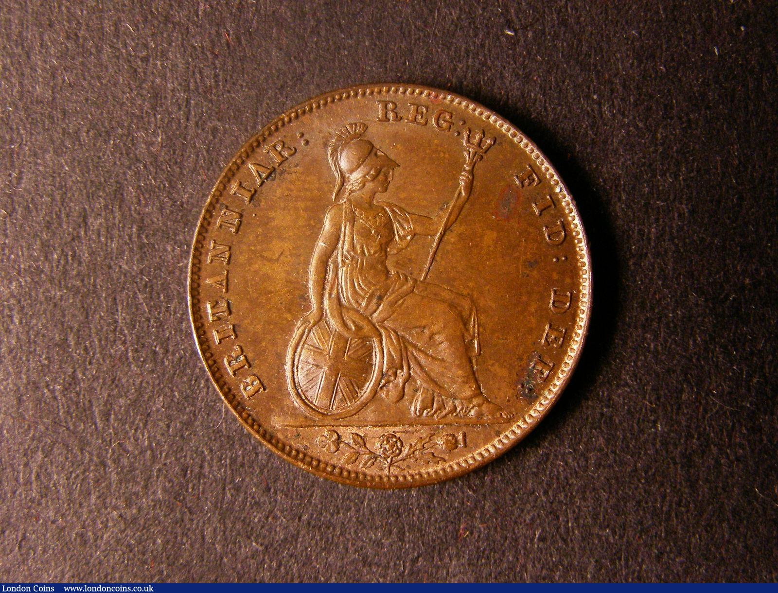 London Coins : A124 : Lot 265 : Farthing 1850 5 over 4 Lustrous AU/GEF with a few tone spots on the reverse