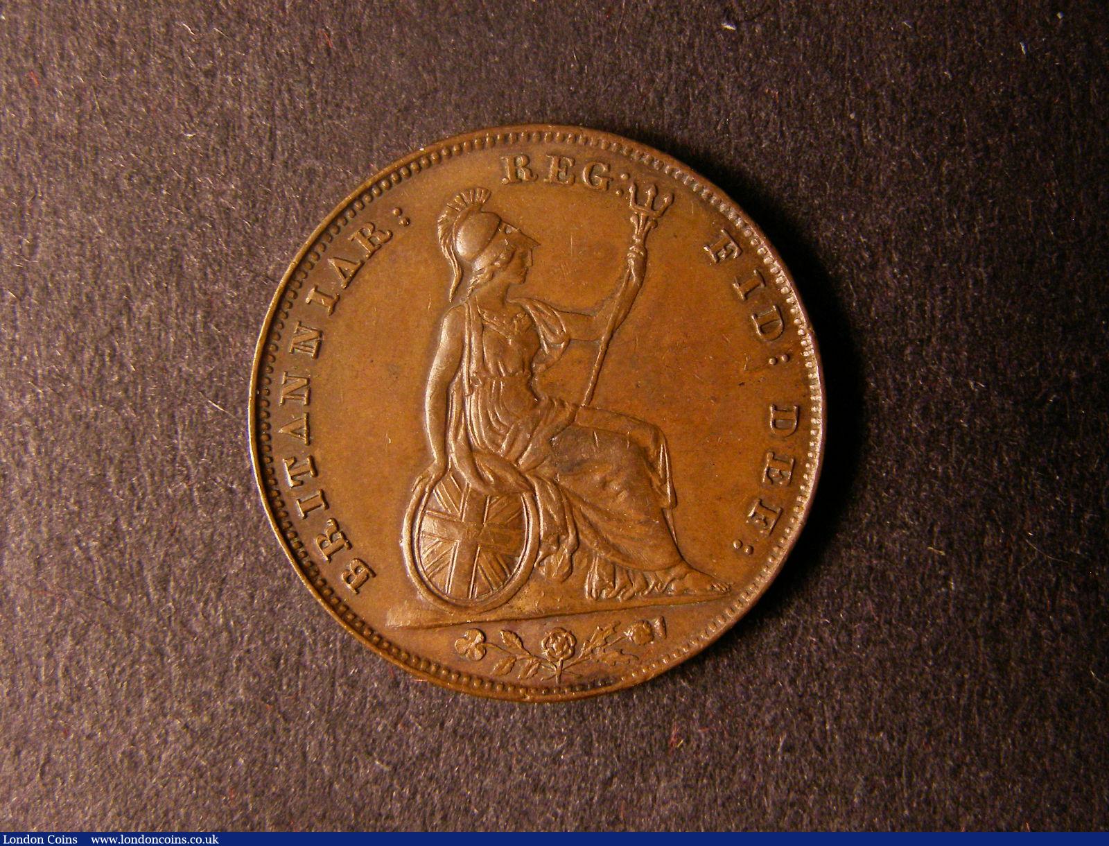 London Coins : A124 : Lot 266 : Farthing 1850 the 5 over struck probably over a 7 unlisted by Peck but a known variety EF