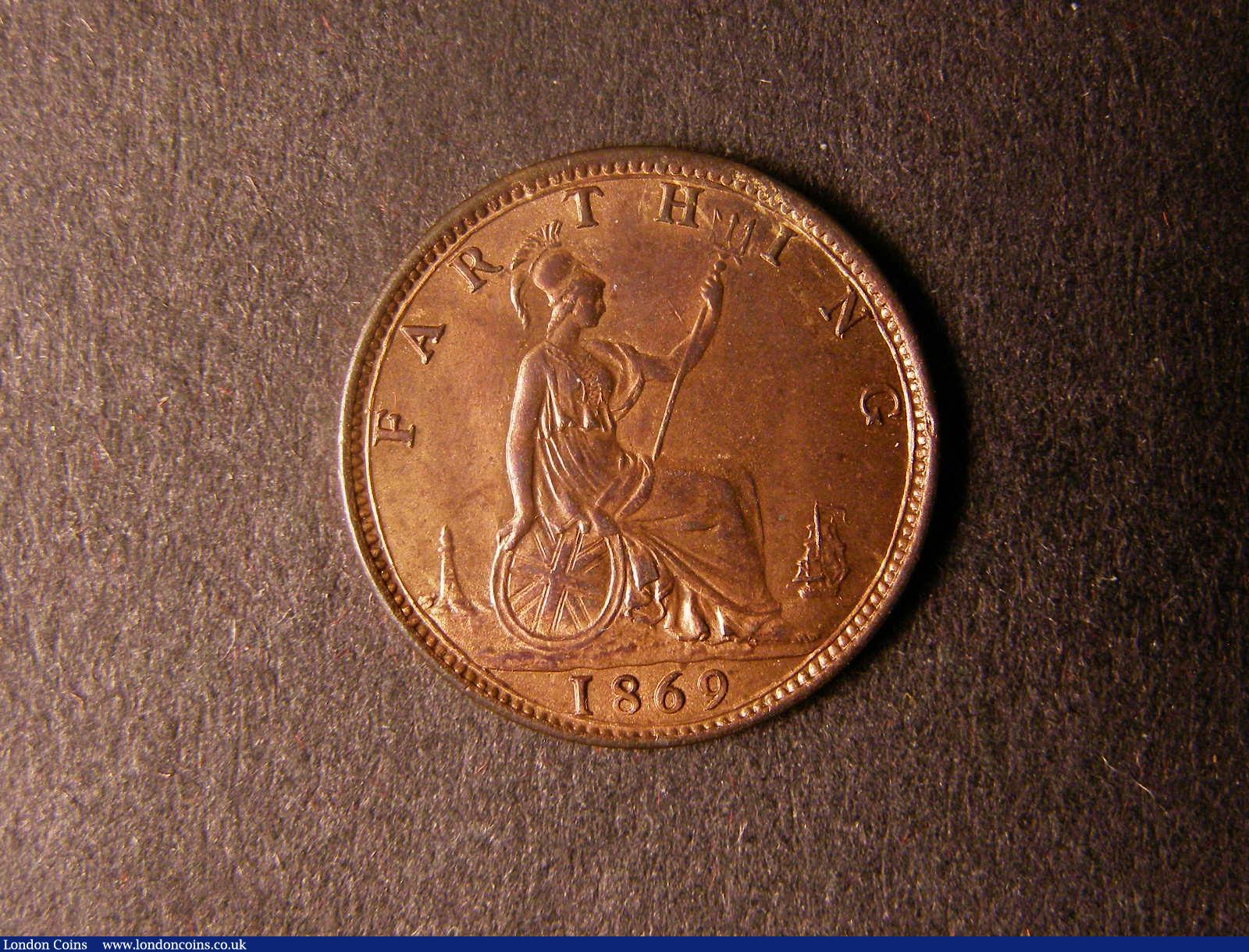 London Coins : A124 : Lot 295 : Farthing 1869 Freeman 522 dies 3+B UNC with good lustre, scarce in high grade