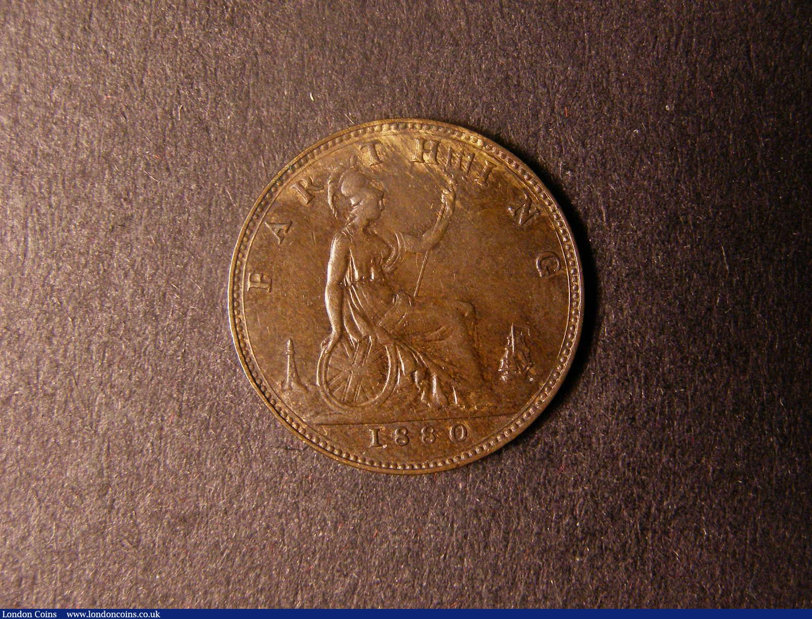 London Coins : A124 : Lot 308 : Farthing 1880 Freeman 543 3 Berries with closed 8 in date, dies 6+D GVF Rare