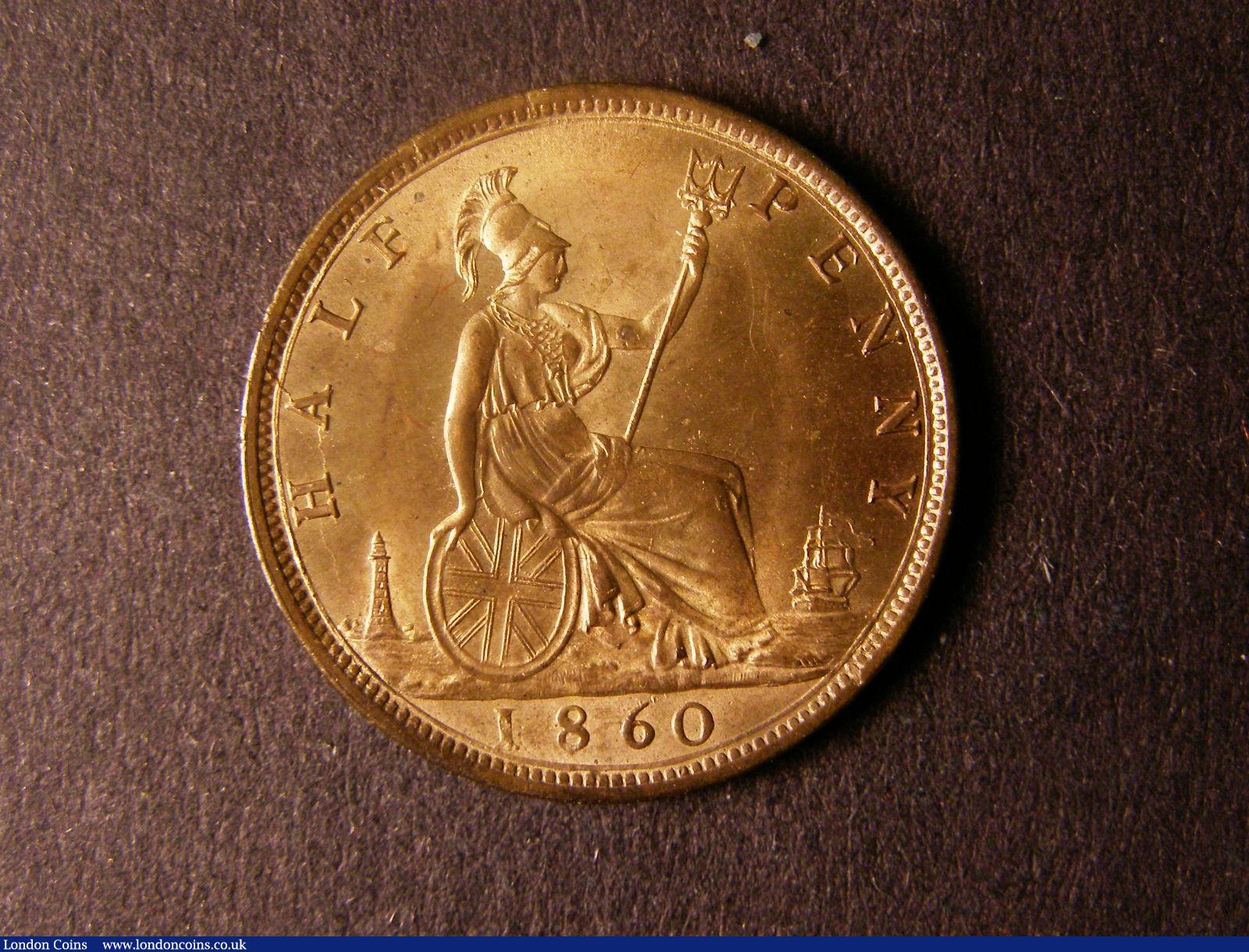 London Coins : A124 : Lot 538 : Halfpenny 1860 Toothed Border Freeman 266 dies 4+B UNC with approximately 85% lustre and rare as...