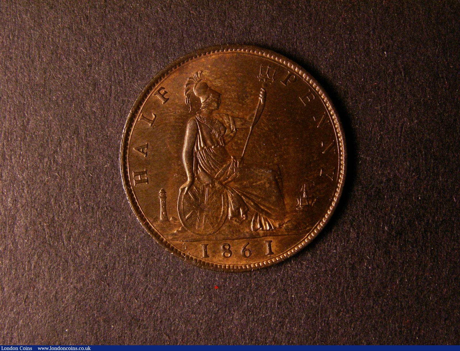 London Coins : A124 : Lot 550 : Halfpenny 1861 Freeman 278 dies 7+D UNC nicely toned with traces of lustre rated R16 by Freeman,...