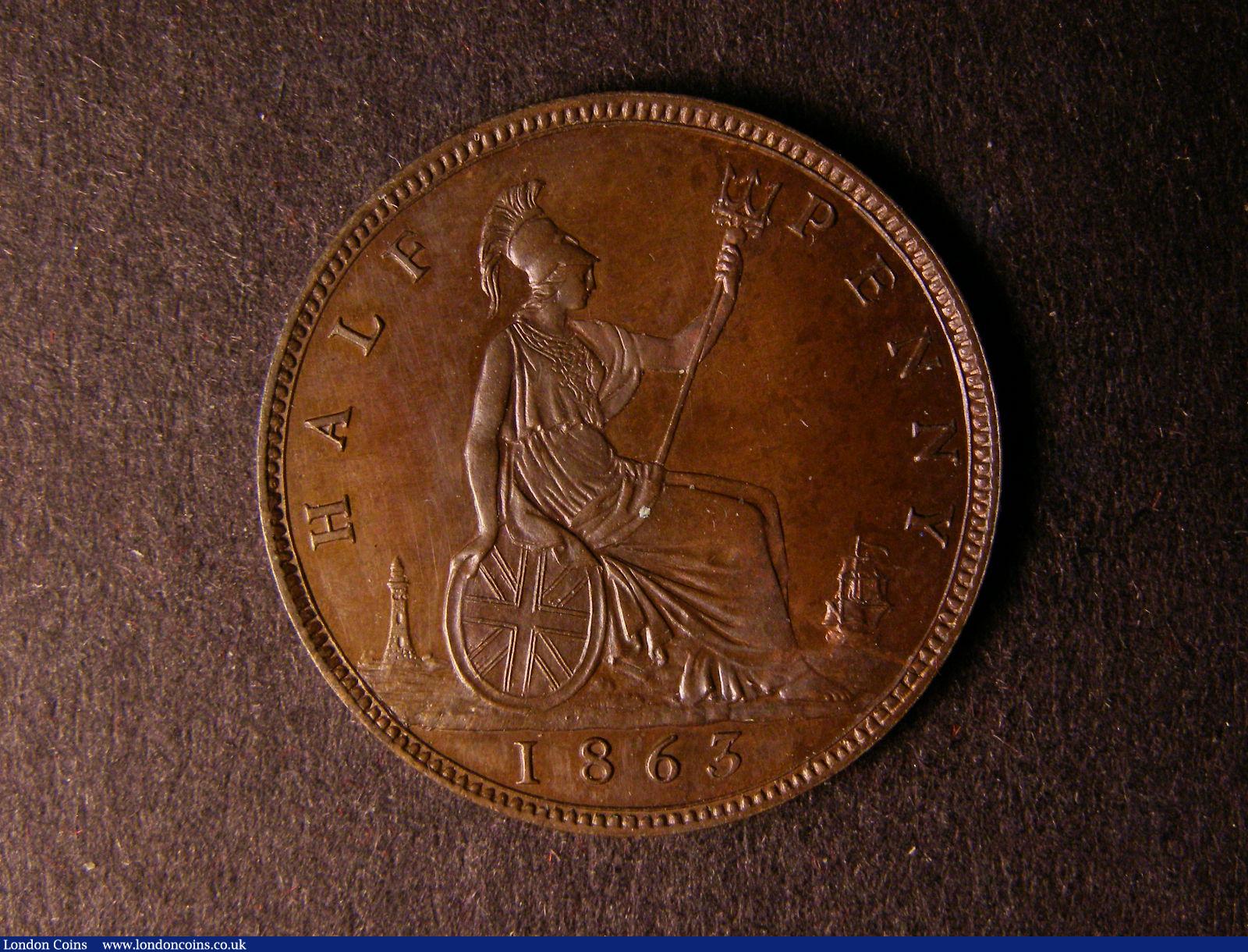 London Coins : A124 : Lot 559 : Halfpenny 1863 Bronze Proof with small upper section to 3 Freeman 294A dies 7+G FDC nicely toned