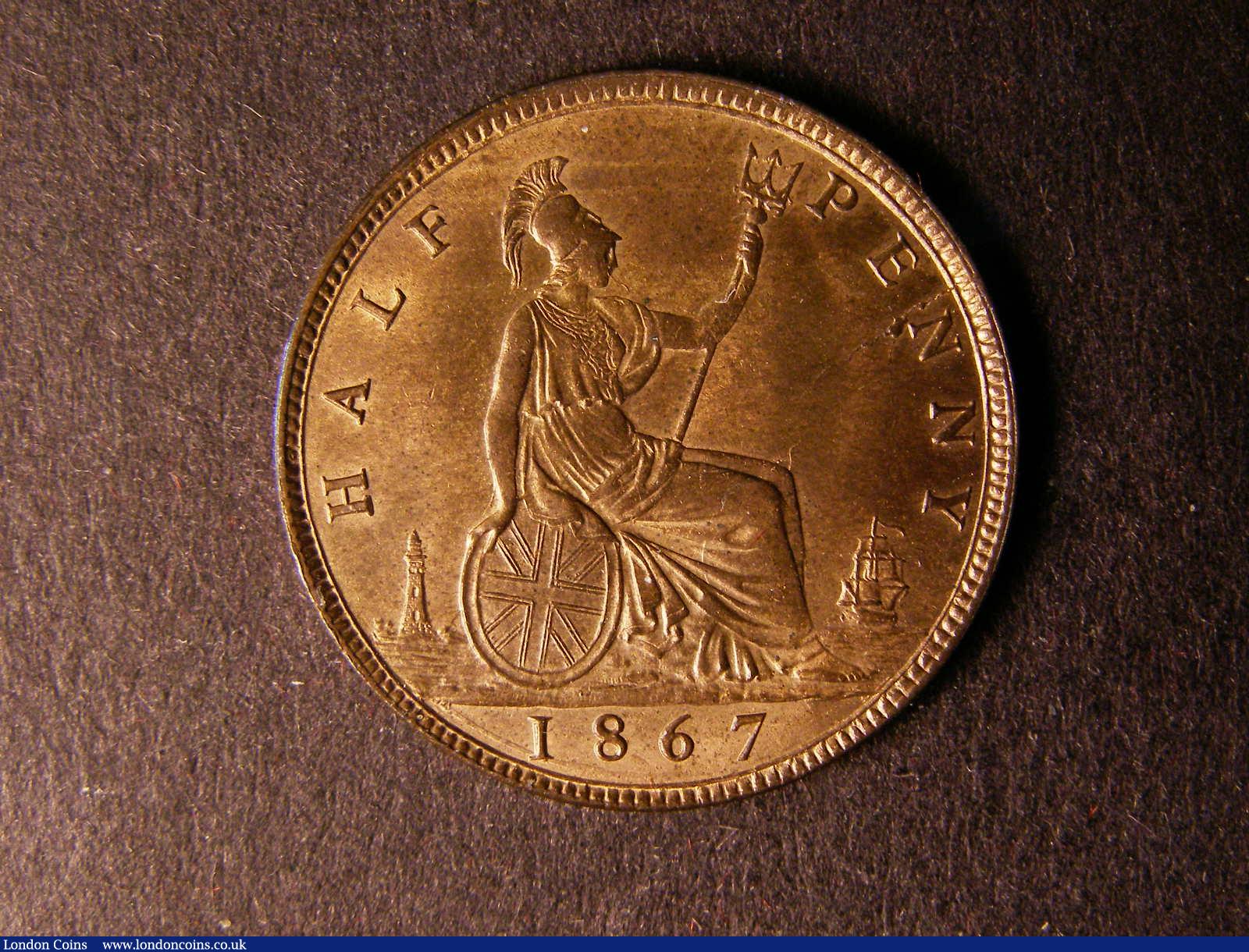 London Coins : A124 : Lot 566 : Halfpenny 1867 Freeman 300 dies 7+G UNC with considerable lustre, some toning on the bust