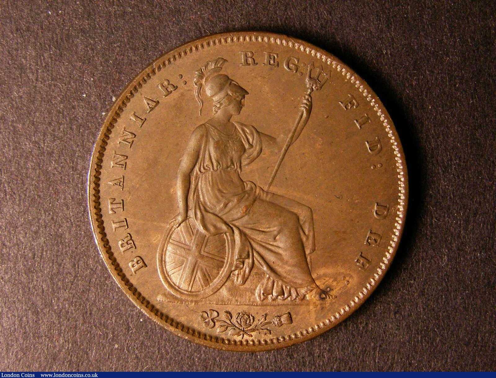 London Coins : A124 : Lot 644 : Penny 1845 Peck 1489 AU/GEF with pale lustre on the obverse, toned on the reverse