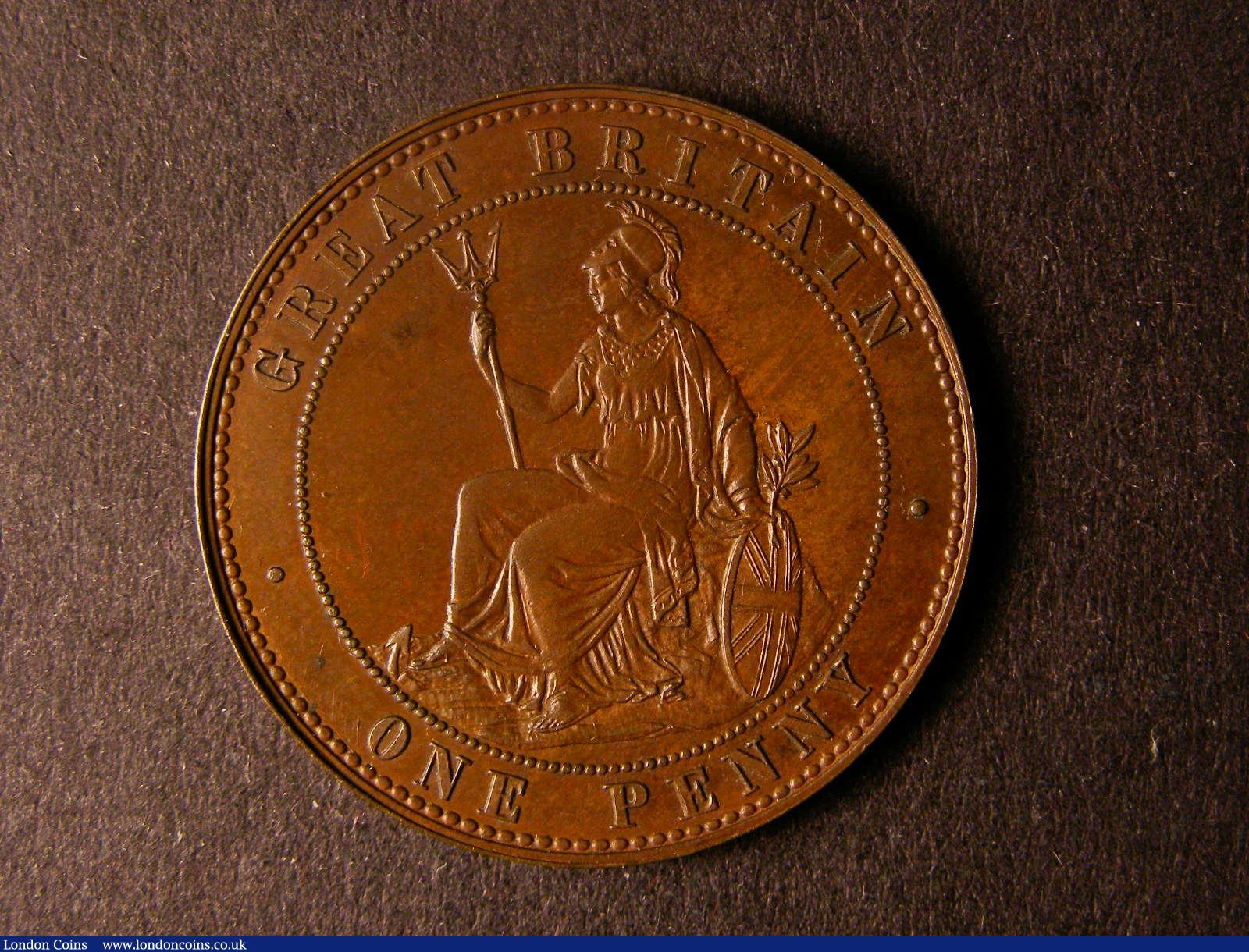 London Coins : A124 : Lot 681 : Penny 1860 Pattern by Moore in Bronzed Copper Obverse 4 Obverse VICTORIA QUEEN Reverse GREAT BRITAIN...