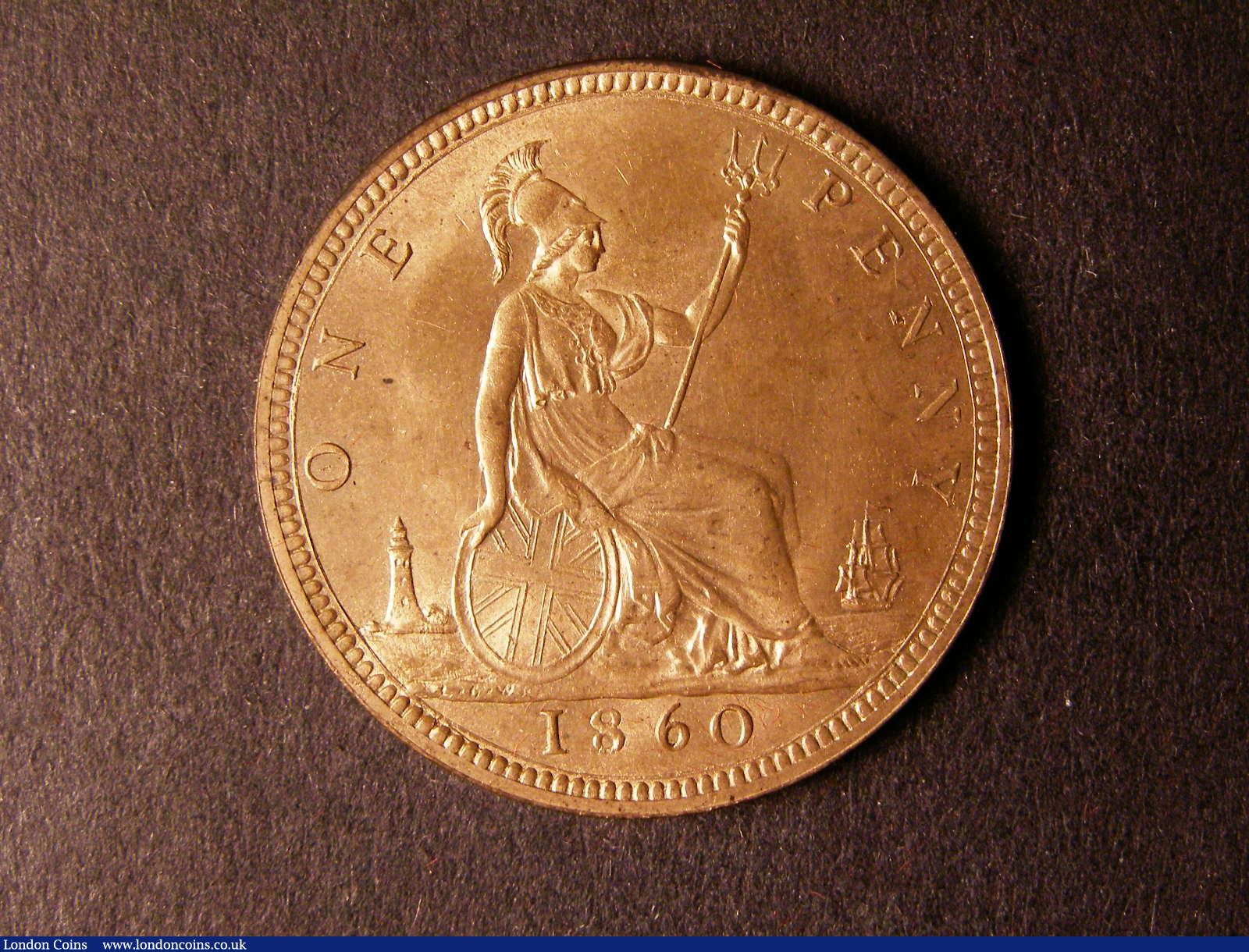 London Coins : A124 : Lot 690 : Penny 1860 Toothed Border Freeman 13 dies 3+D UNC with almost full lustre