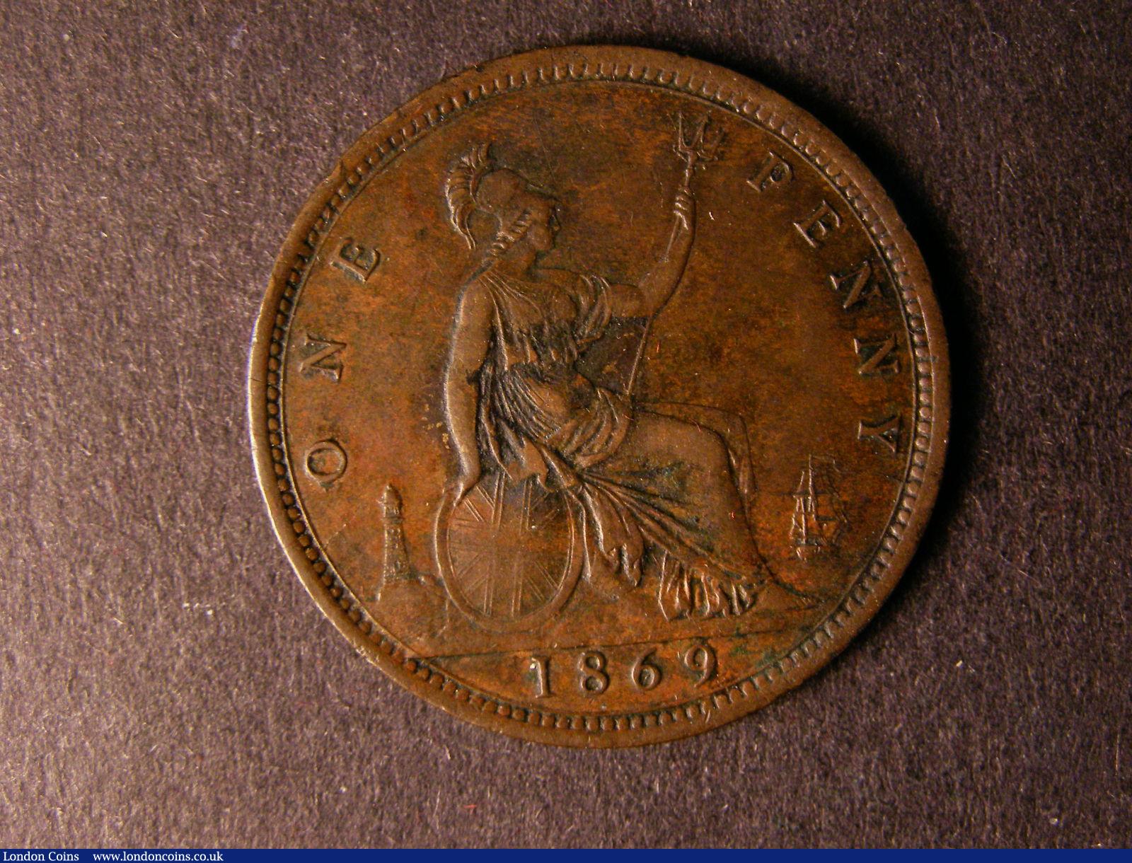 London Coins : A124 : Lot 711 : Penny 1869 Freeman 59 dies 6+G GVF with some corrosion around Britannia