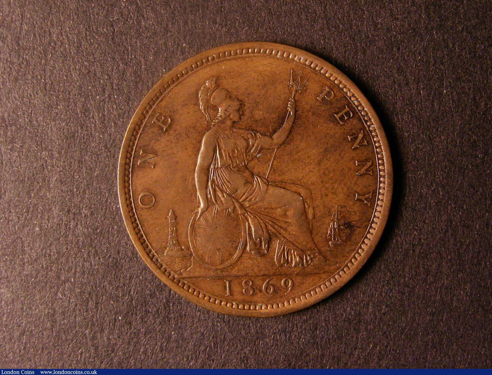 London Coins : A124 : Lot 712 : Penny 1869 Freeman 59 dies 6+G VF with some weakness on the shield as often on this date