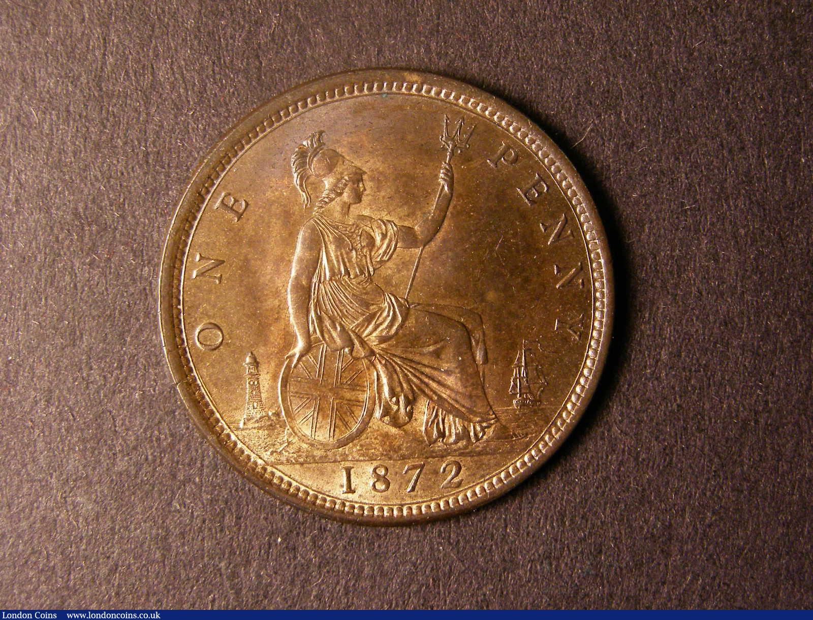 Penny 1872 Freeman 62 dies 6+G UNC with good lustre on the obverse and some toning on the reverse : English Coins : Auction 124 : Lot 719