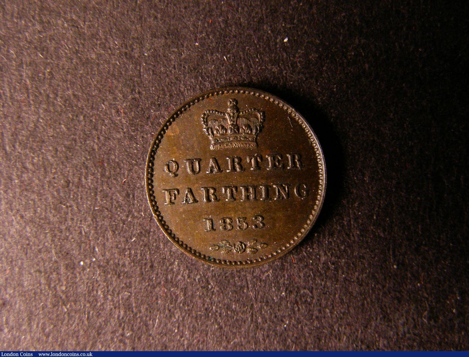 London Coins : A124 : Lot 850 : Quarter Farthing 1853 Copper Proof Peck 1614 GEF with a couple of corrosion spots and some scratches...