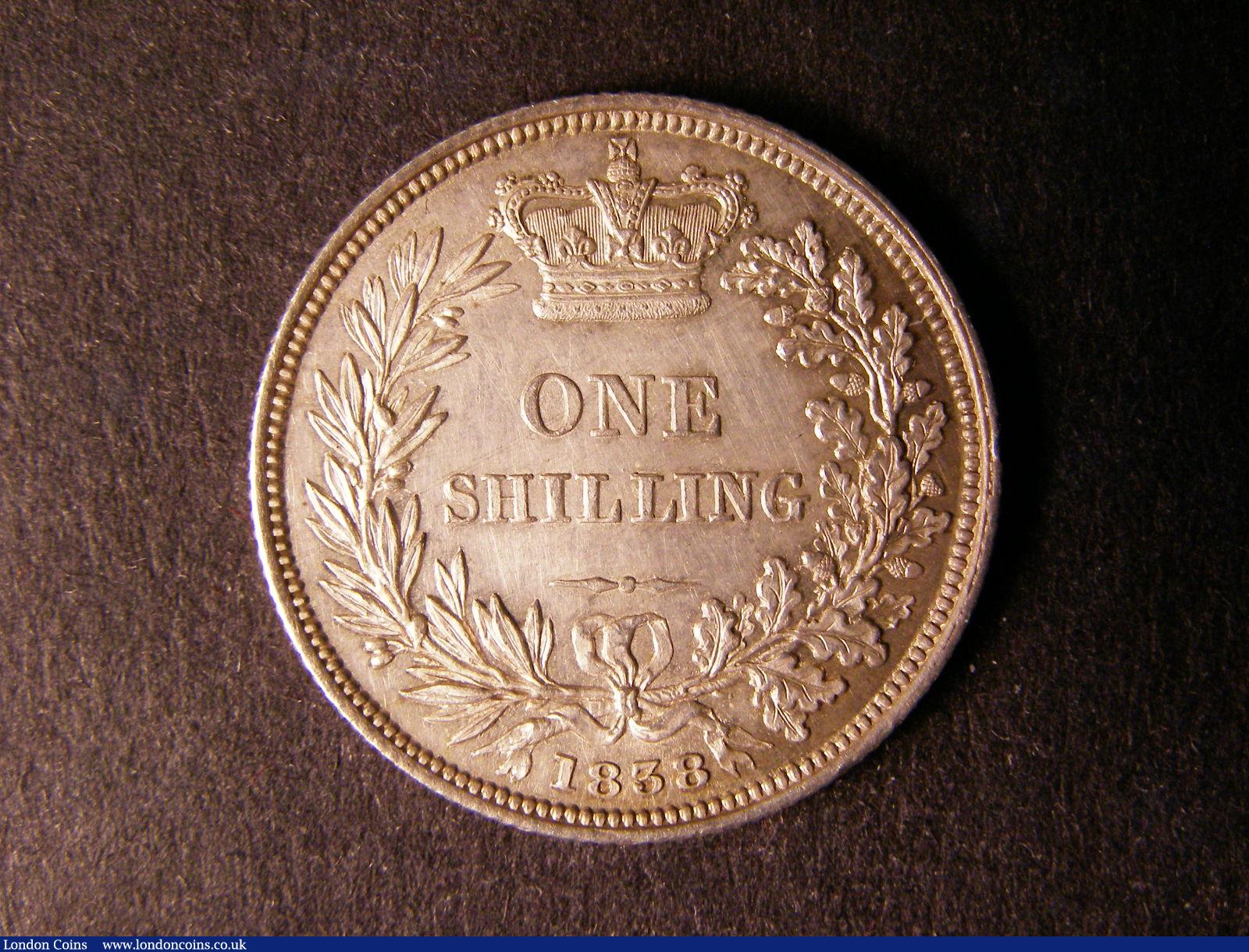 London Coins : A124 : Lot 853 : Shilling 1838 ESC 1278 EF/AU with a few small spots on the obverse