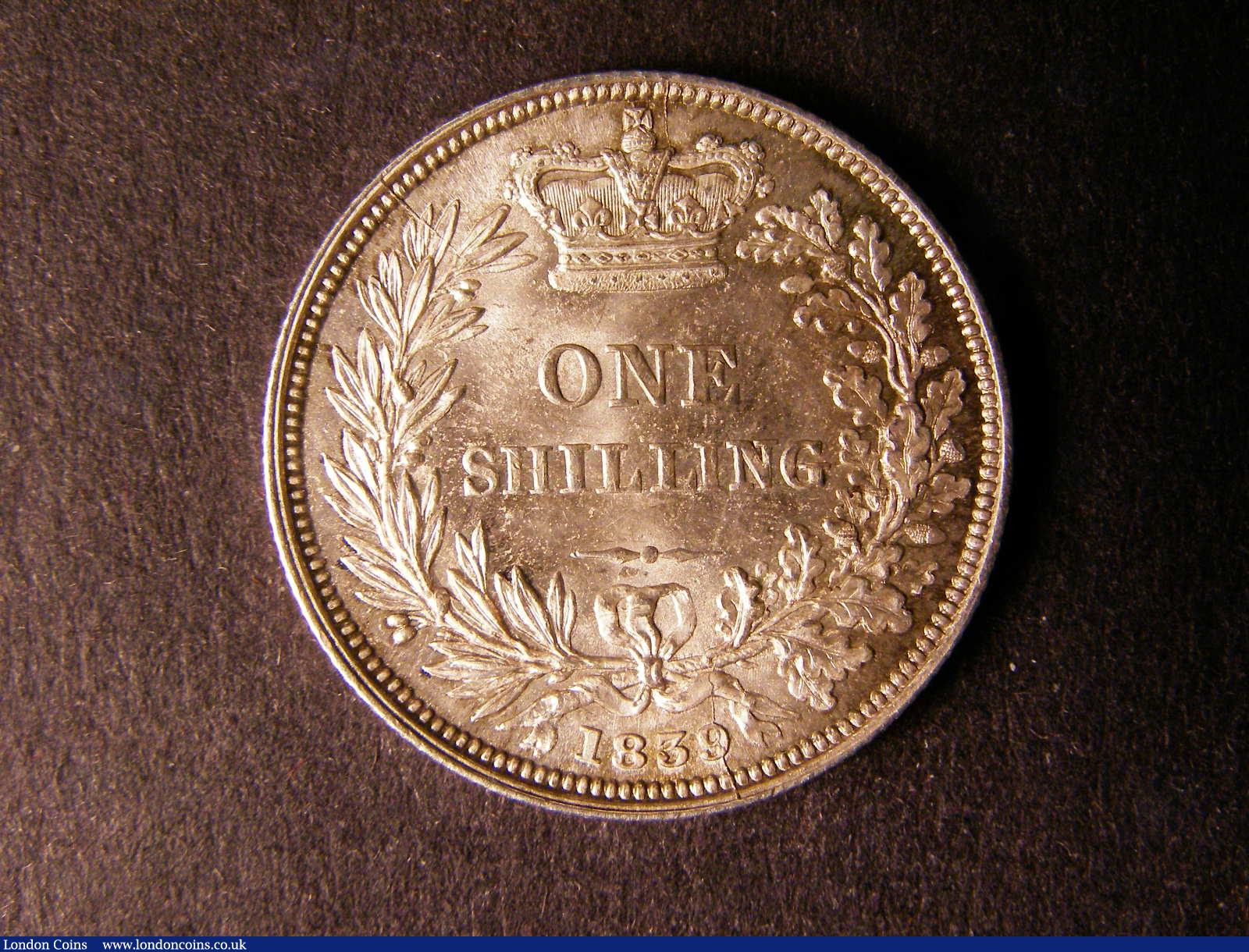 London Coins : A124 : Lot 854 : Shilling 1839 ESC 1280 First Young Head with WW on the truncation lustrous GEF/AU with a few light c...