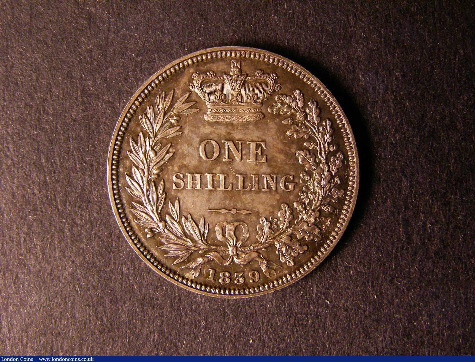 London Coins : A124 : Lot 855 : Shilling 1839 Plain Edge Proof from the sets Second Young Head with No WW ESC 1284 nFDC beautifully ...