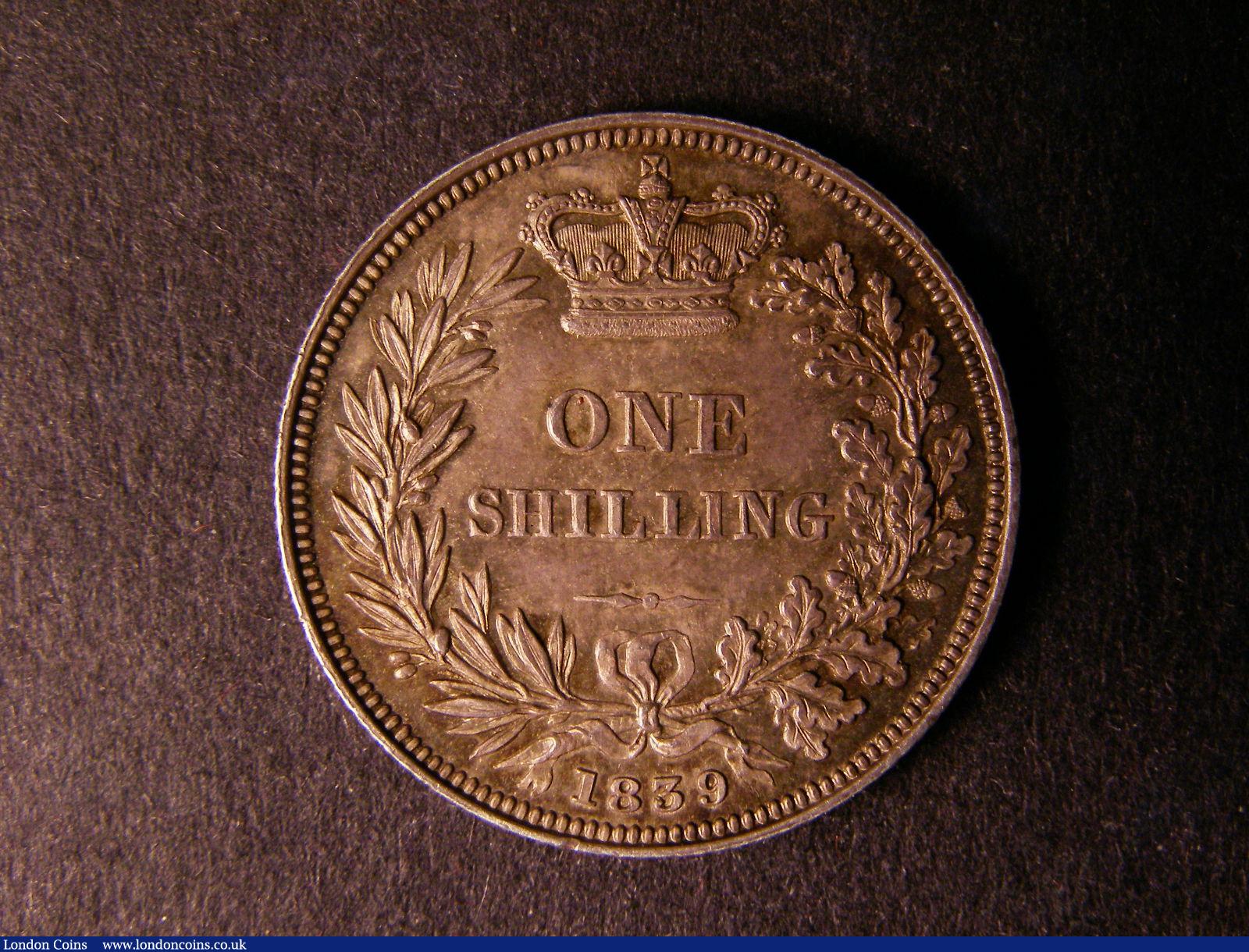 London Coins : A124 : Lot 856 : Shilling 1839 Second Young Head with No WW ESC 1278 GEF