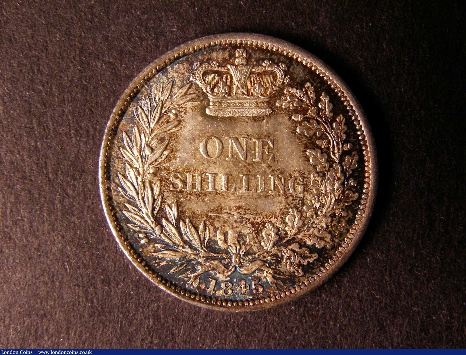 London Coins : A124 : Lot 859 : Shilling 1845 ESC 1292 Practically UNC showing minor cabinet rub, with beautiful original blue&#...