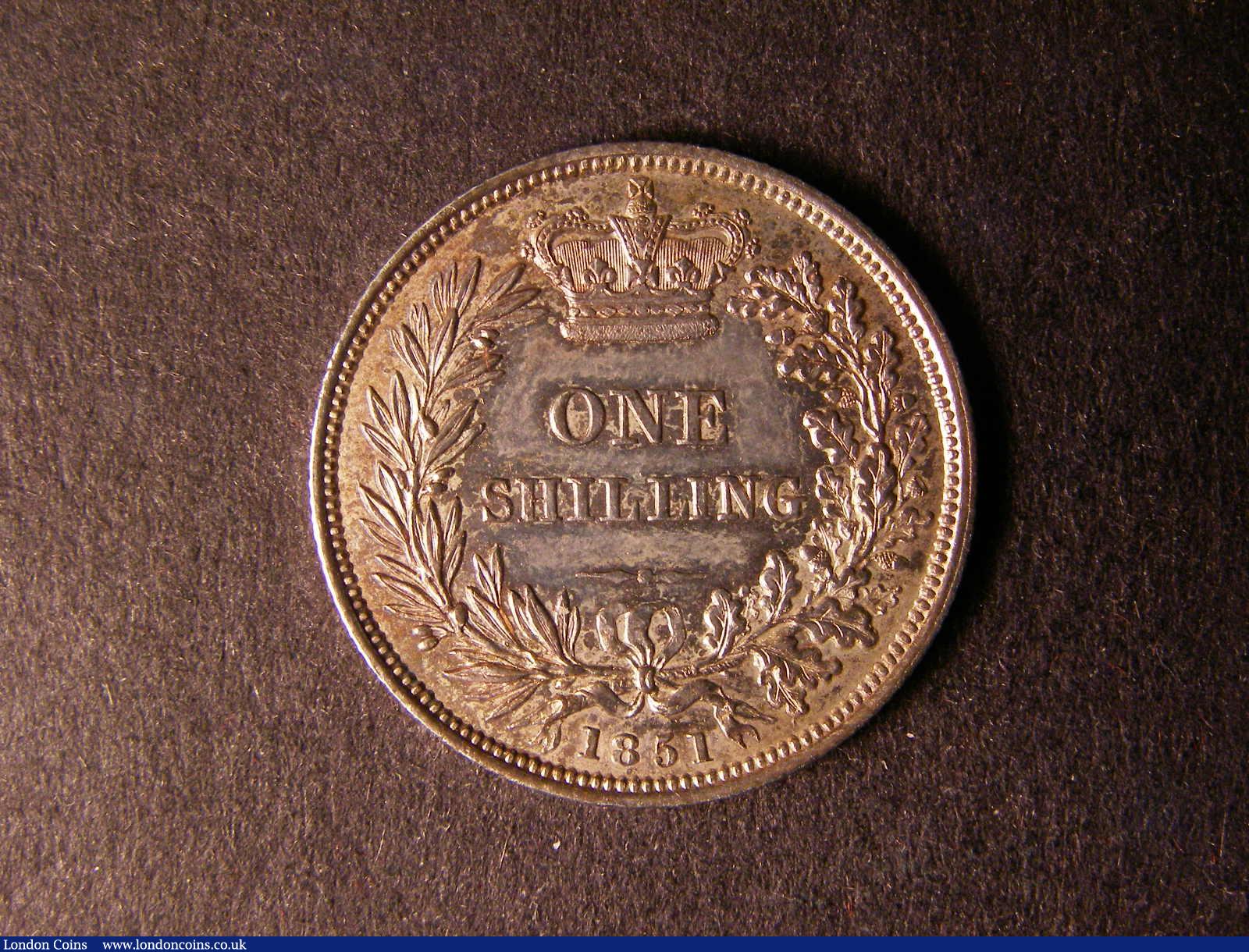 London Coins : A124 : Lot 863 : Shilling 1851 ESC 1298 EF with some toning on the portrait Rare