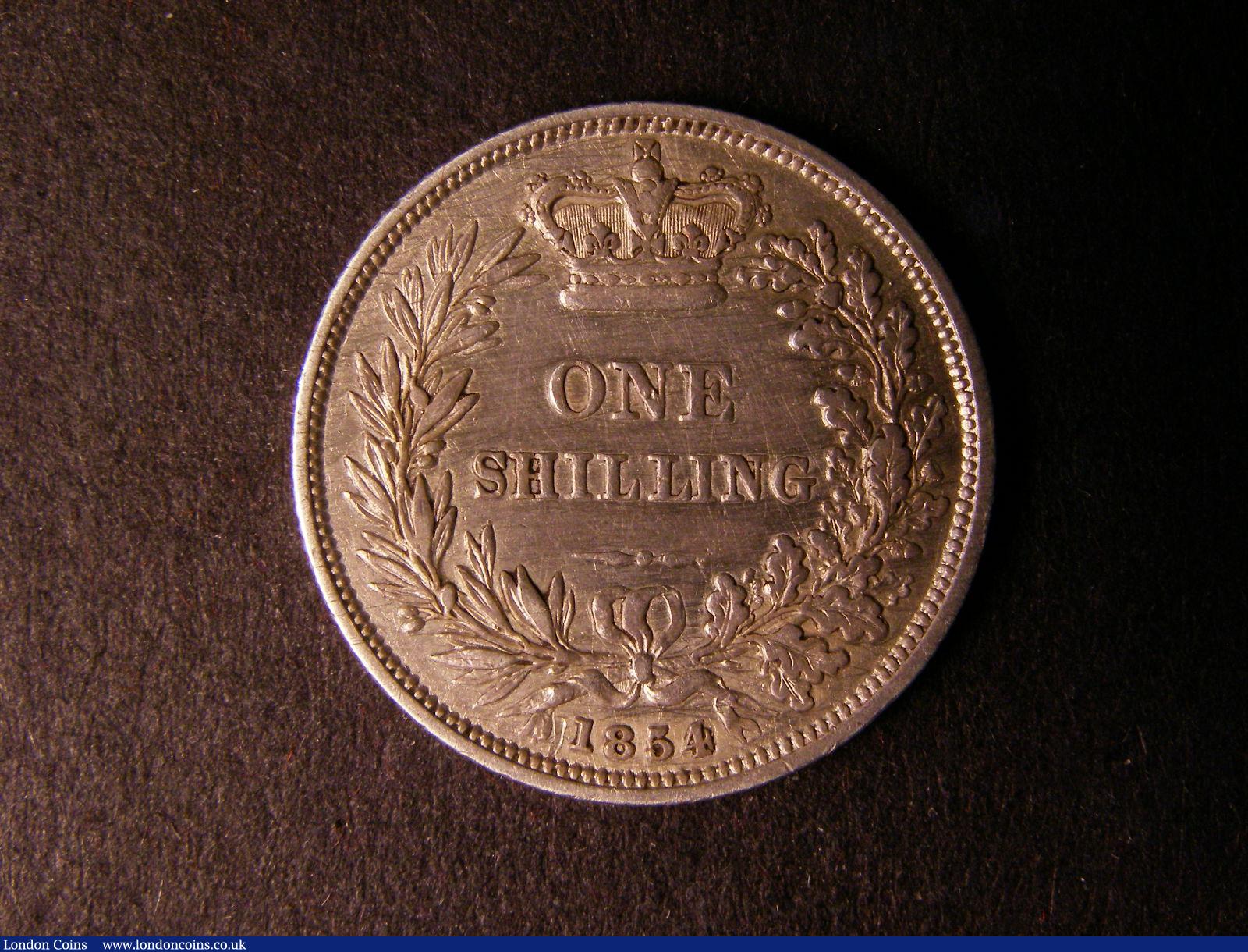 London Coins : A124 : Lot 866 : Shilling 1854 4 over 1 ESC 1302A Fine/Good Fine but cleaned, Very Rare