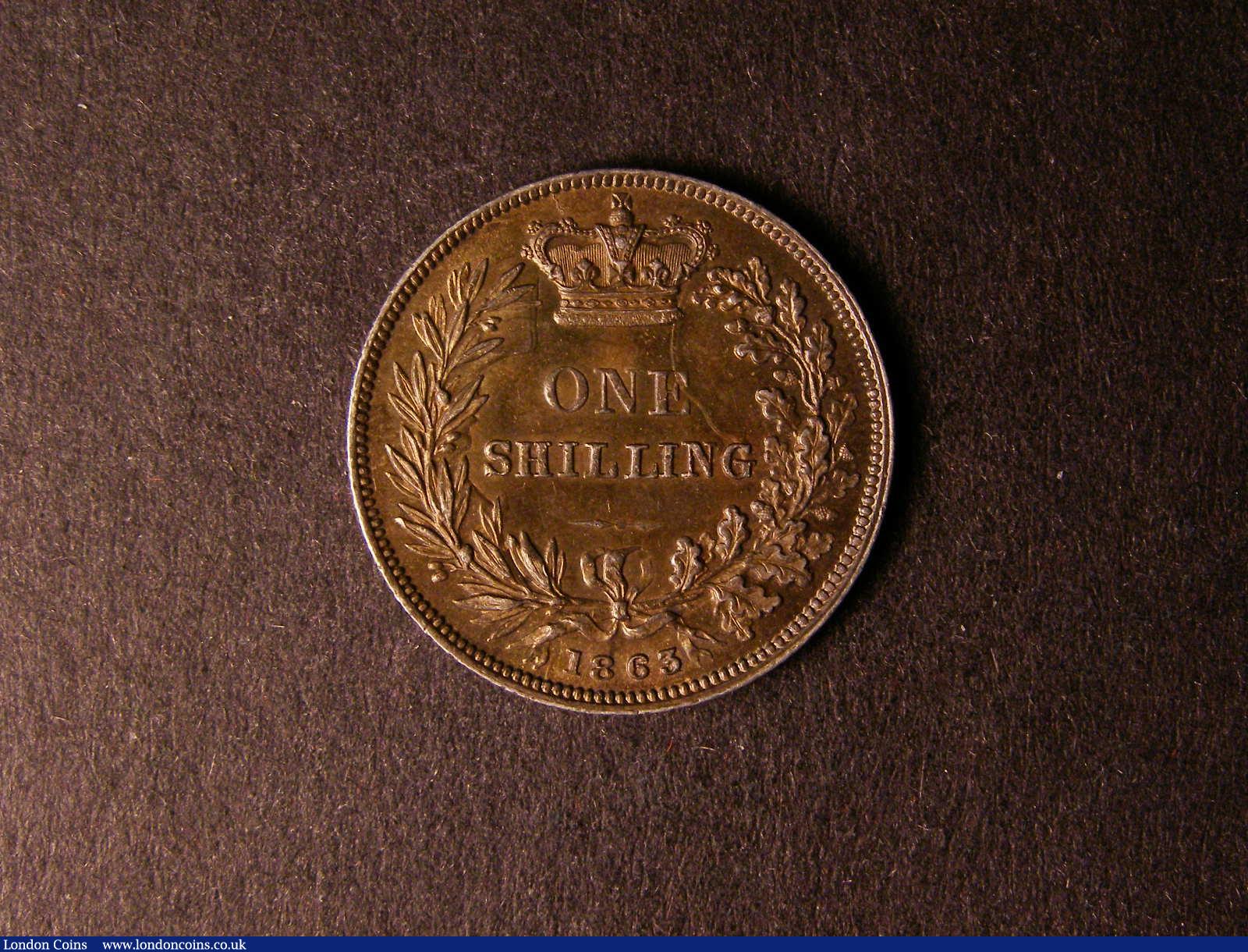 London Coins : A124 : Lot 872 : Shilling 1863 3 over 1 ESC 1311A rated R4 by ESC EF deeply toned 