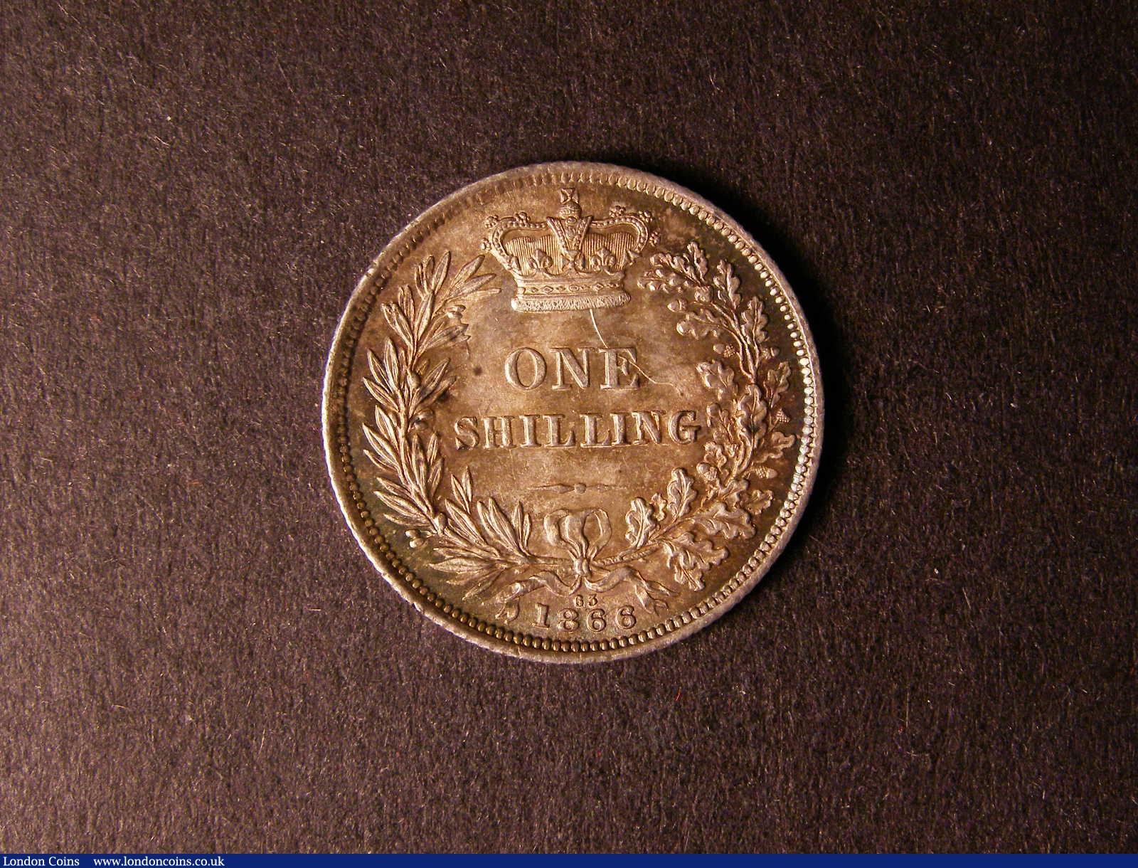 London Coins : A124 : Lot 876 : Shilling 1866 BBITANNIAR error ESC 1314A Die Number 63 AU/GEF and beautifully toned, very rare