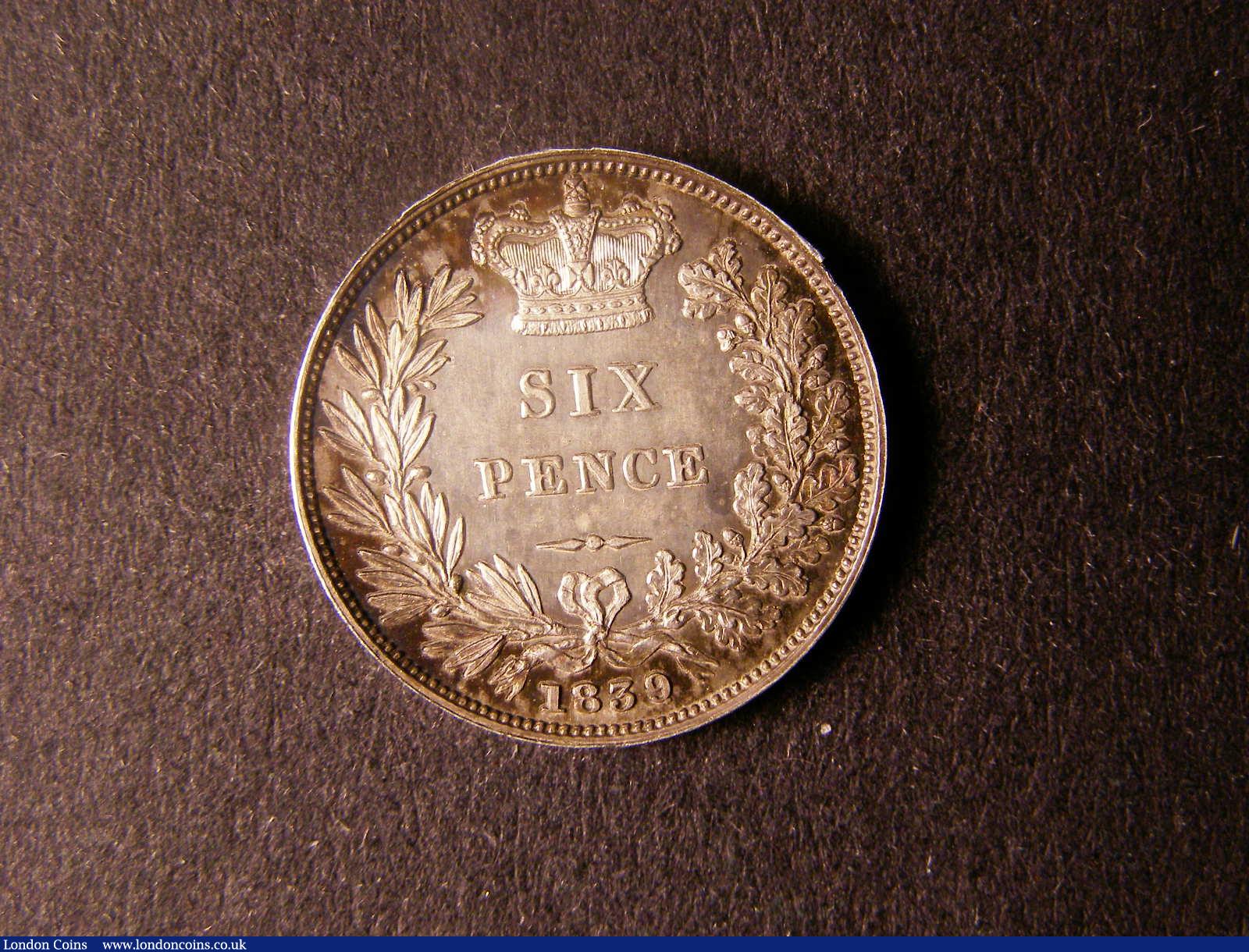 London Coins : A124 : Lot 906 : Sixpence 1839 Plain Edge Proof ESC 1685 nFDC with a few tiny hairlines and some toning around the ed...