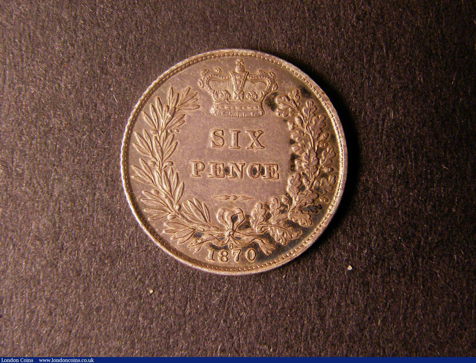 London Coins : A124 : Lot 930 : Sixpence 1870 ESC 1721 Die Number 6 EF/GEF with some darker toning on the reverse, Rare