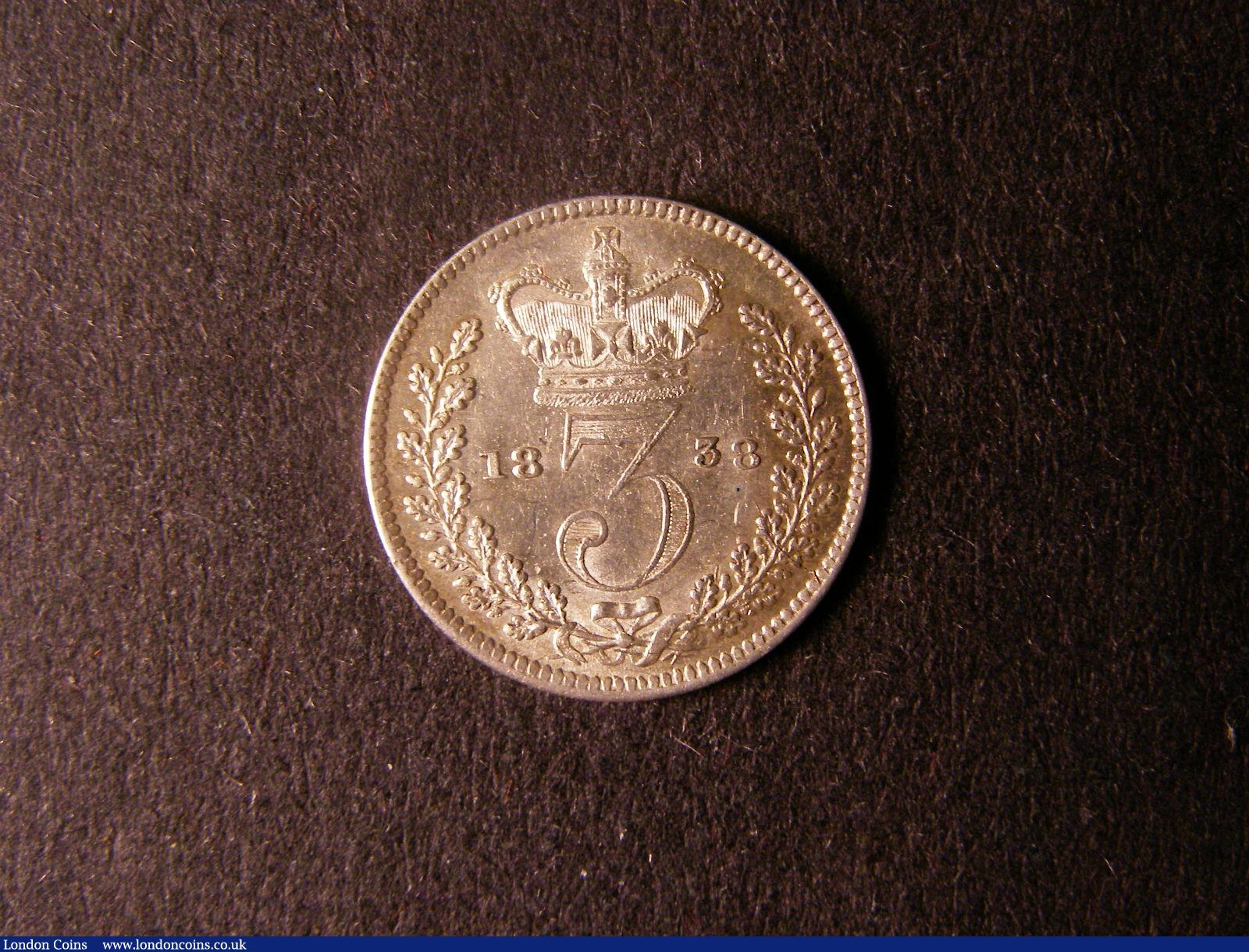 London Coins : A124 : Lot 978 : Threepence 1838 ESC 2048 A/UNC with some contact marks and hairline scratches, rare